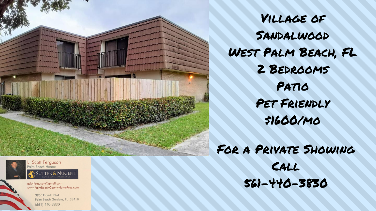 Lease $1600/mo 2 Bedroom in Village of Sandalwood West Palm Beach, FL