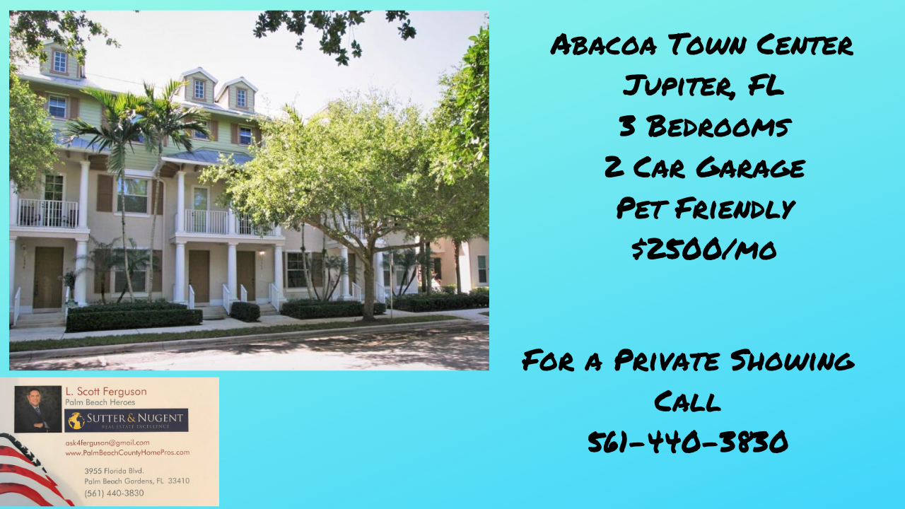 Lease $2500/mo 3 Bedroom Townhouse in Abacoa Town Center, Jupiter, FL