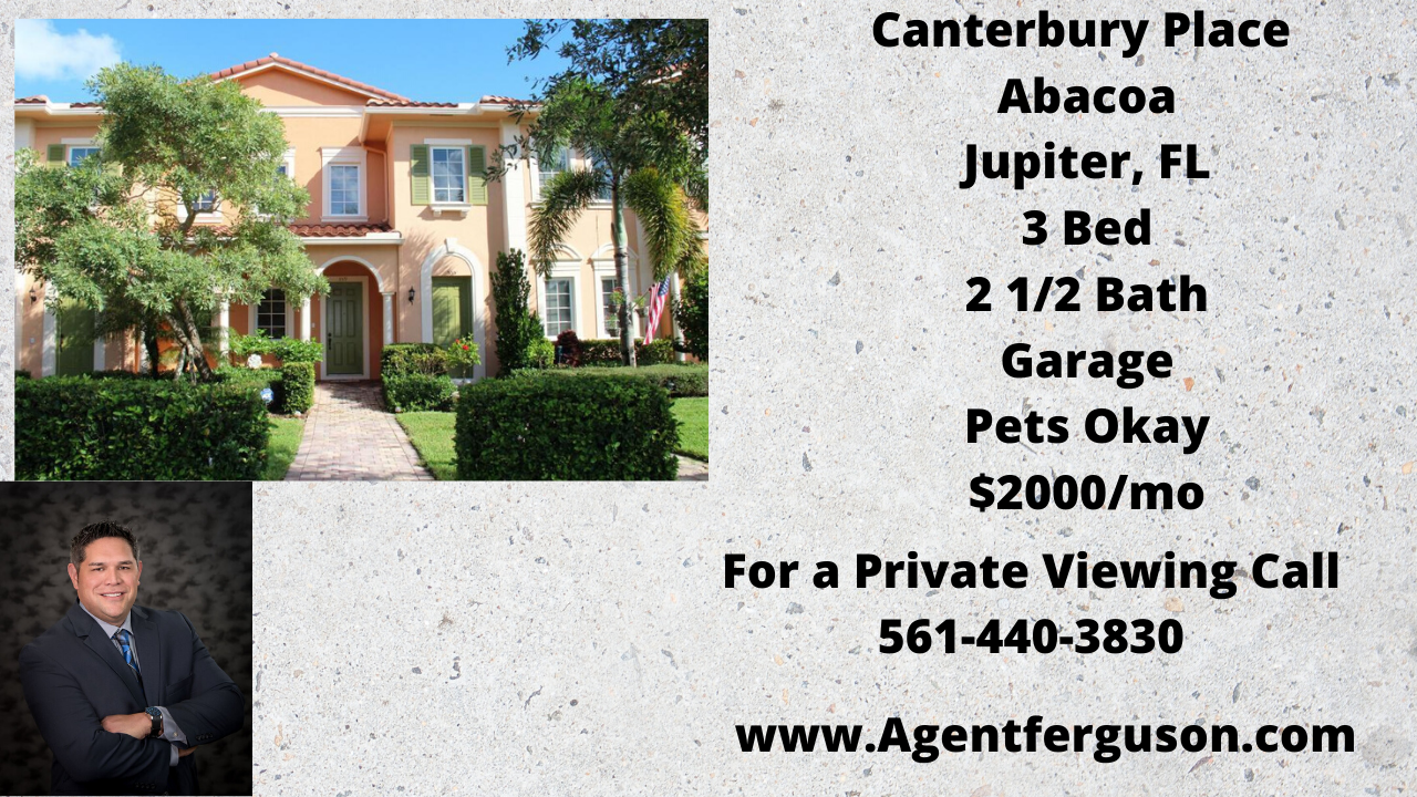For Lease $2195/mo 3 Bedroom Townhouse in Caterbury Abacoa, Jupiter, Florida