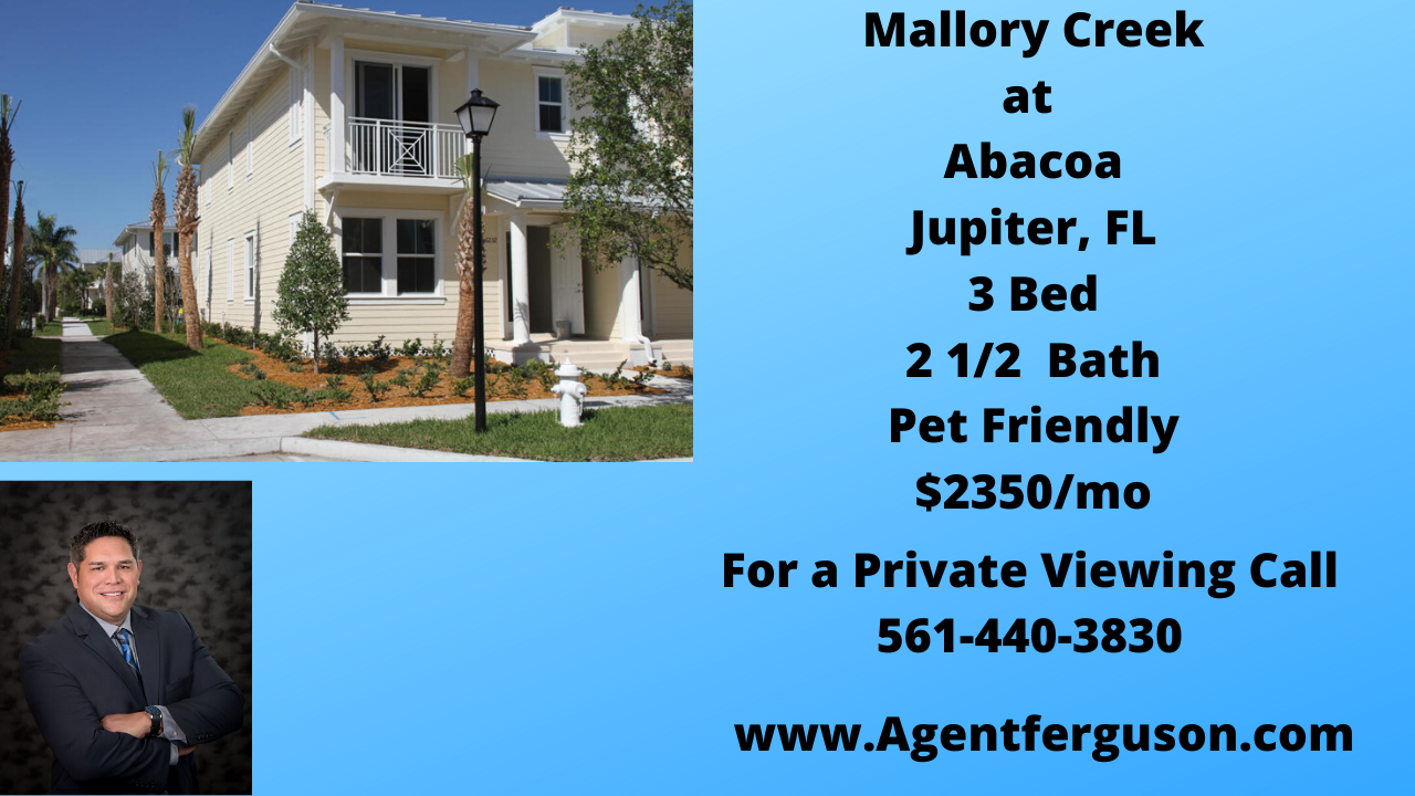 For Lease $2350/mo 3 Bedroom Townhouse in Mallory Creek at Abacoa, Jupiter, FL