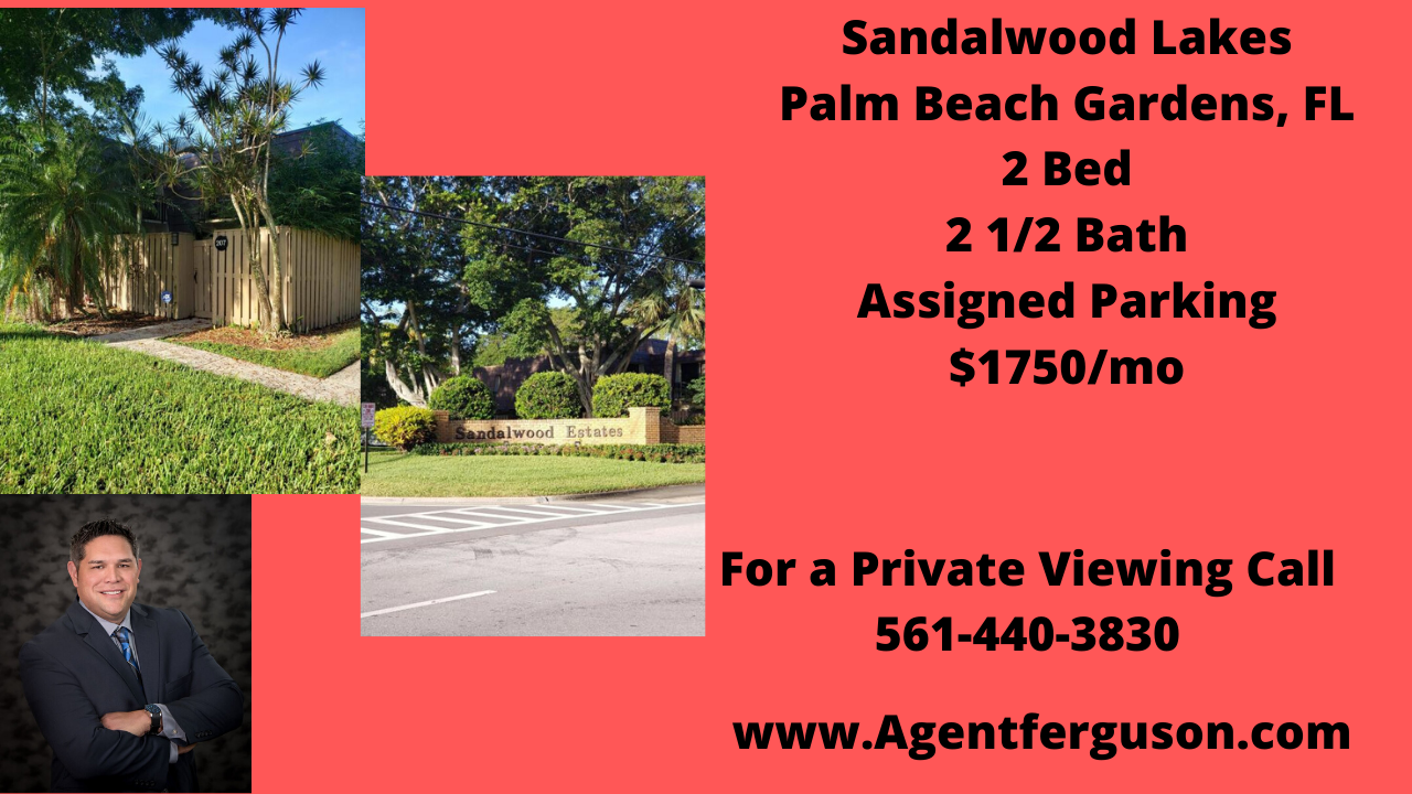 For Lease in Sandalwood Lakes, 2 Bedroom Townhouse, Palm Beach Gardens FL