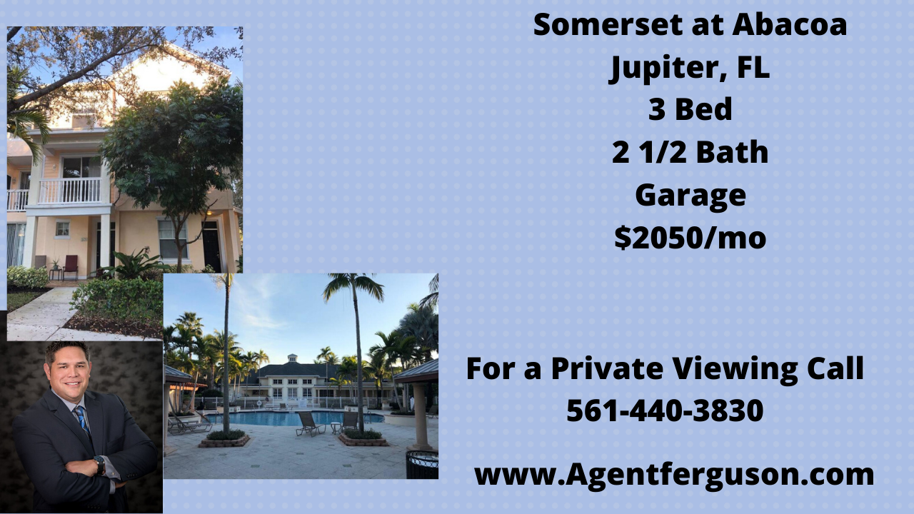For Lease $2050/mo 3 Bedroom Townhouse in Somerset at Abacoa Jupiter FL 33458