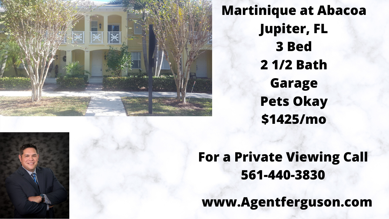 For Lease $2350/mo 3 Bedroom Garage Pet Friendly in Martinique at Abacoa Jupiter FL