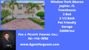 For Lease 3 Bedroom Townhouse with Garage in Windsor Park at Abacoa, Jupiter, Florida